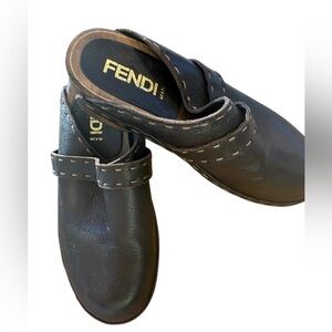 Rare Vintage Fendi Selleria Leather & Wood Clogs